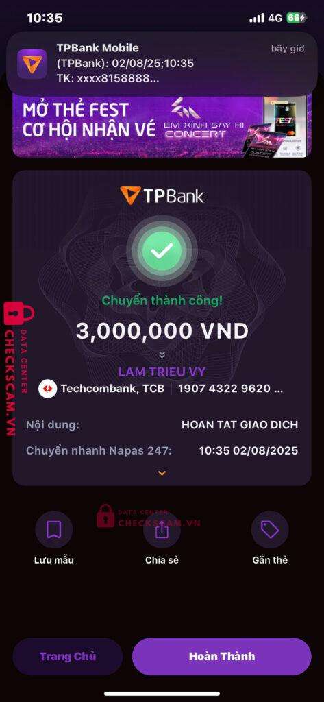 19074322962015 LAM TRIEU VY TECHCOMBANK bị cảnh báo lừa đảo scam