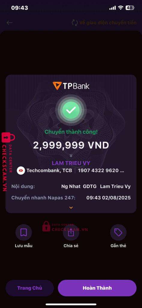 19074322962015 LAM TRIEU VY TECHCOMBANK bị cảnh báo lừa đảo scam