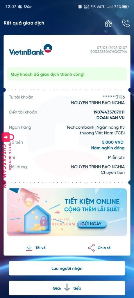 19074435707011 DOAN VAN VU Techcombank bị cảnh báo lừa đảo scam