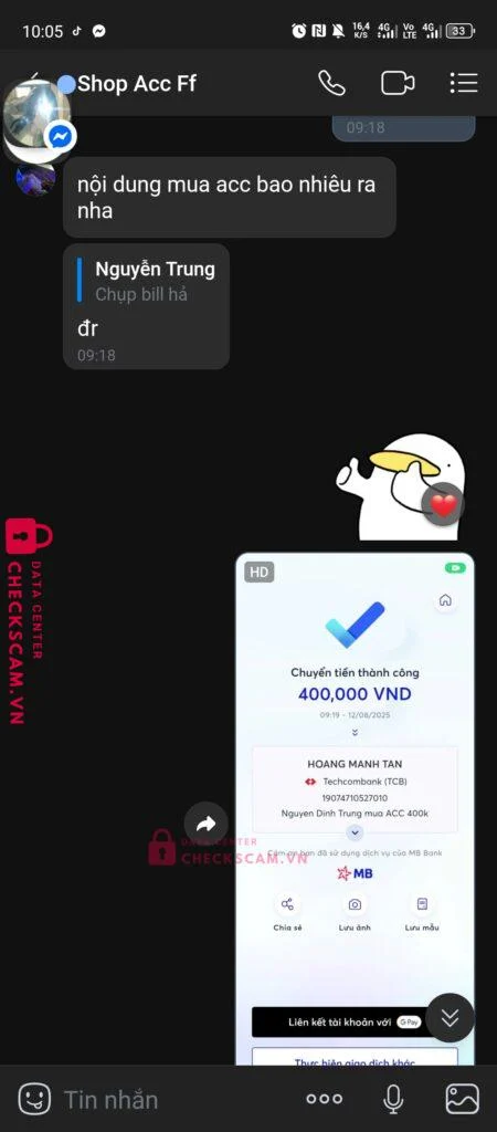 19074710527010 HOANG MANH TAN Techcombank bị cảnh báo lừa đảo scam