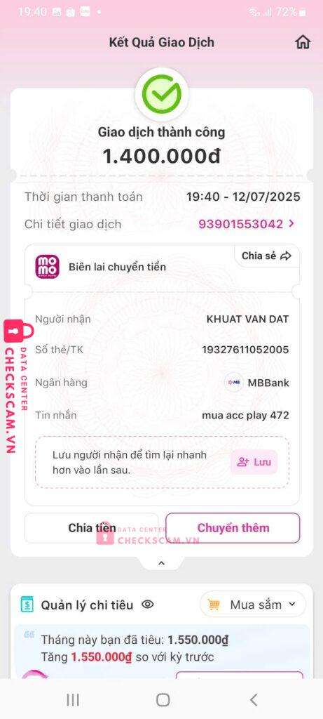 19327611052005 KHUAT VAN DAT MB bị cảnh báo lừa đảo scam