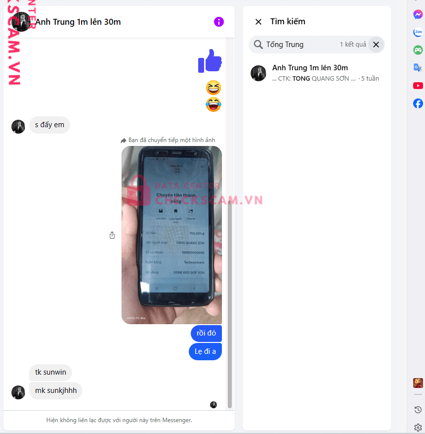 199900009999 Tong Quang Son Techcombank bị cảnh báo lừa đảo scam