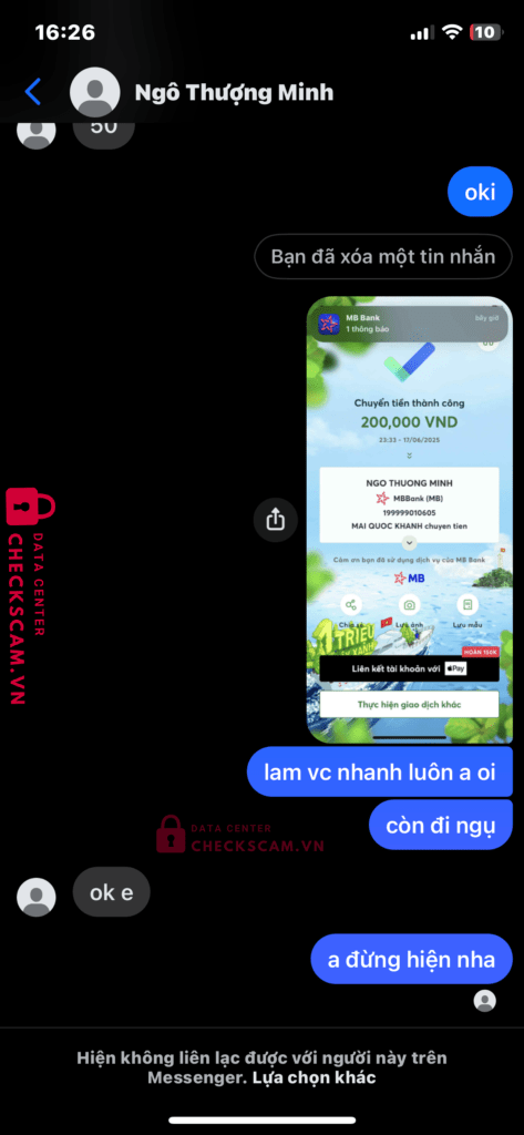 199999010605 NGO THUONG MINH MB bị cảnh báo lừa đảo scam