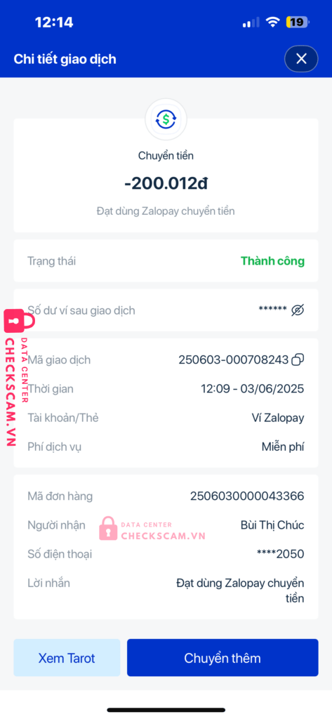 0523032050 Bui Thi Chuc Zalo Pay bị cảnh báo lừa đảo scam