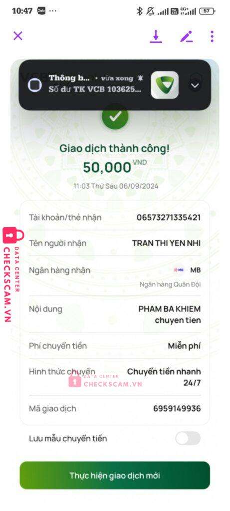 06573271335421 Tran Thi Yen Nhi MB bị cảnh báo lừa đảo scam