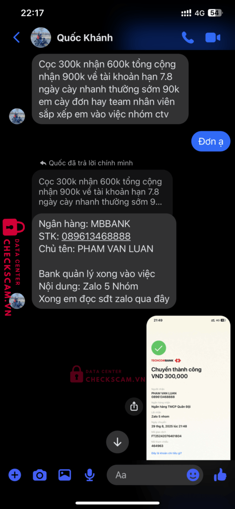 089613468888 Pham Van Luan MB bị cảnh báo lừa đảo scam