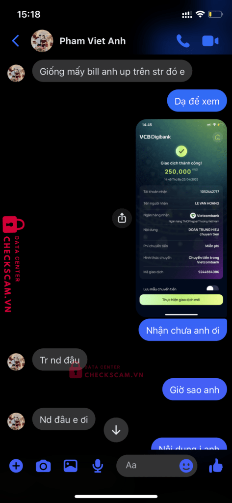 1052442717 Le Van Hoang VCB bị cảnh báo lừa đảo scam