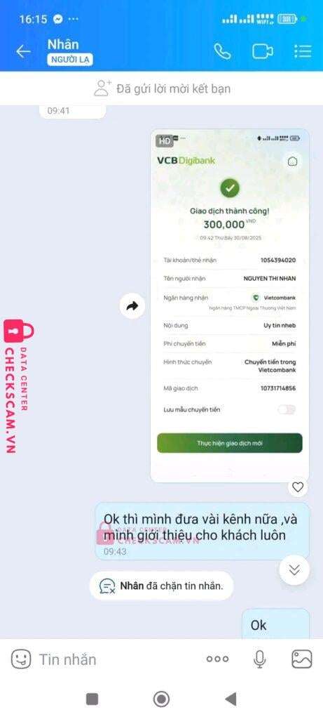 1054394020 Nguyen Thi Nhan VCB bị cảnh báo lừa đảo scam