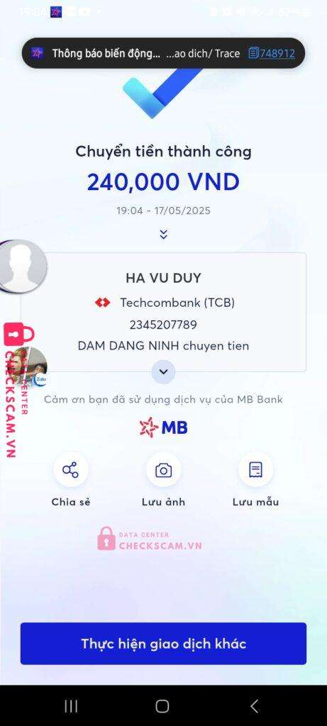 2345207789 Ha Vu Duy Techcombank bị cảnh báo lừa đảo scam