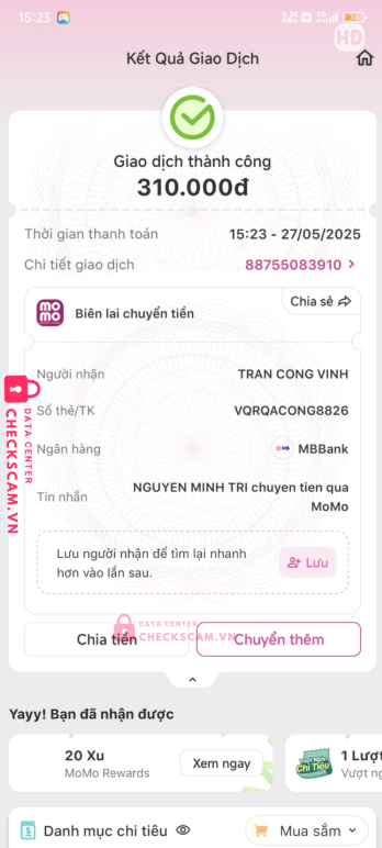 3630112007 Tran Cong Vinh MB bị cảnh báo lừa đảo scam