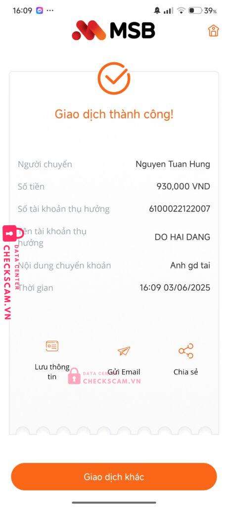 6100022122007 Do Hai Dang MB bị cảnh báo lừa đảo scam