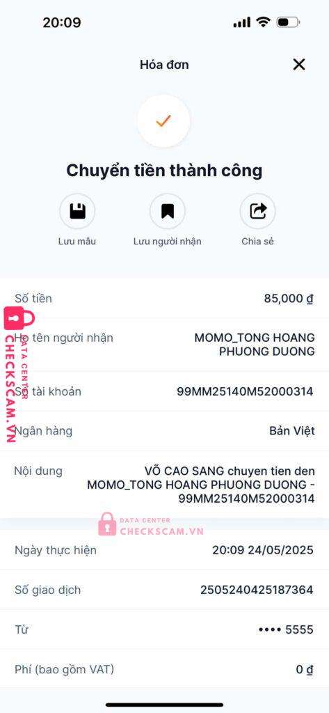 99MM25140M52000314 Tong Hoang Phuong Duong BV BANK bị cảnh báo lừa đảo scam