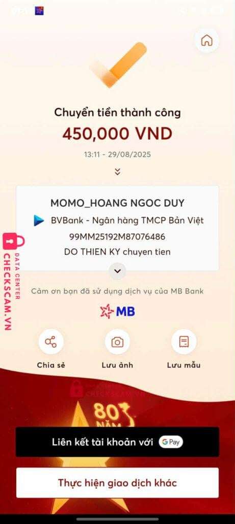 99MM25192M87076486 Hoang Ngoc Duy BV BANK bị cảnh báo lừa đảo scam