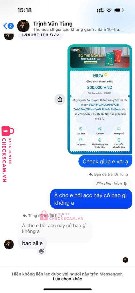 99ZP24034M09860726 Trinh Van Tung BV BANK bị cảnh báo lừa đảo scam