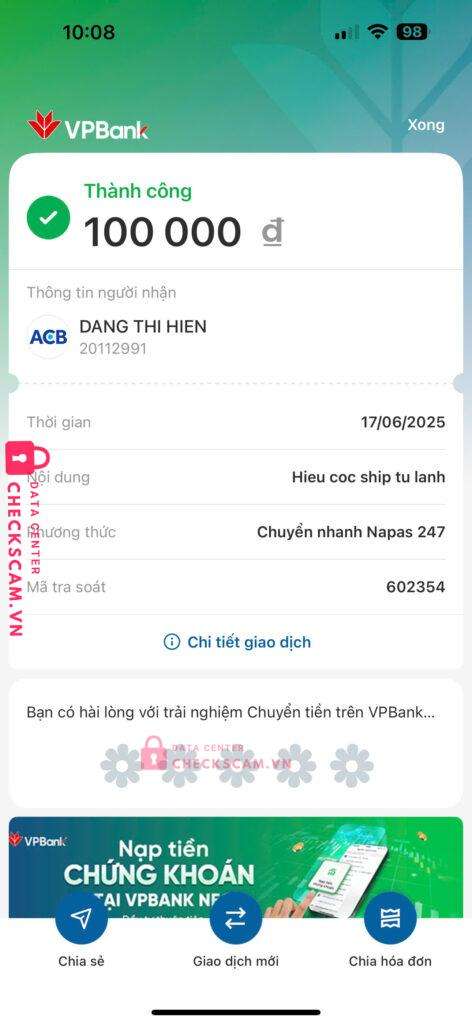 20112991 DANG THI HIEN ACB bị cảnh báo lừa đảo scam