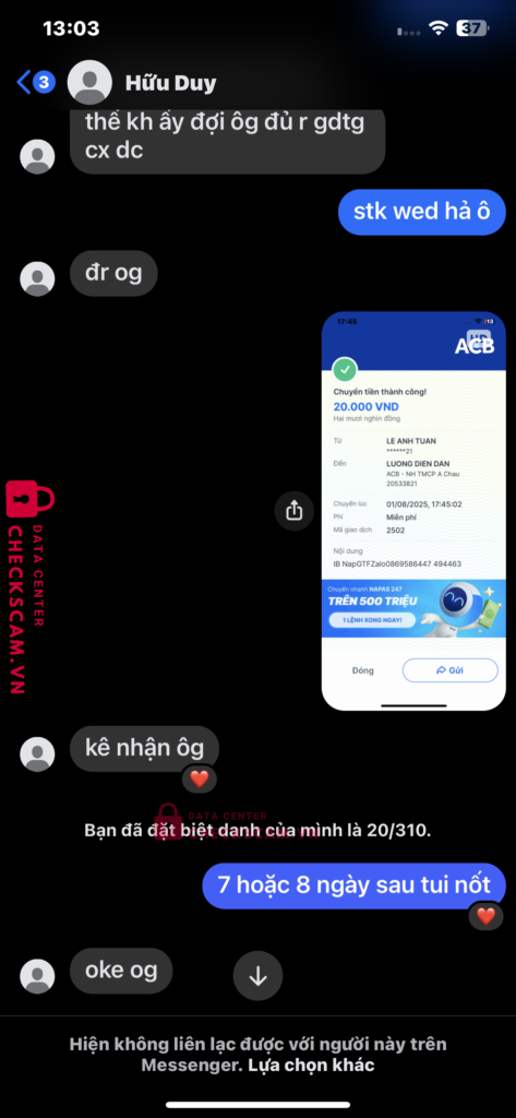 20533821 LUONG DIEN DAN ACB bị cảnh báo lừa đảo scam