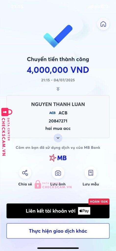20847271 NGUYEN THANH LUAN ACB bị cảnh báo lừa đảo scam