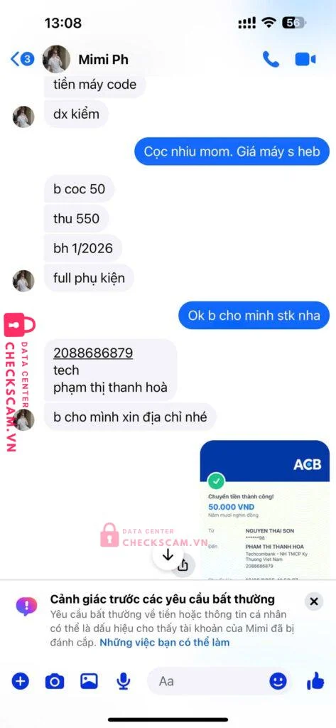 2088686879 PHAM THI THANH HOA Techcombank bị cảnh báo lừa đảo scam