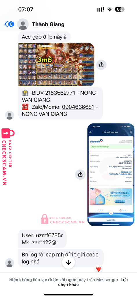 2153562771 Nong Van Giang BIDV bị cảnh báo lừa đảo scam