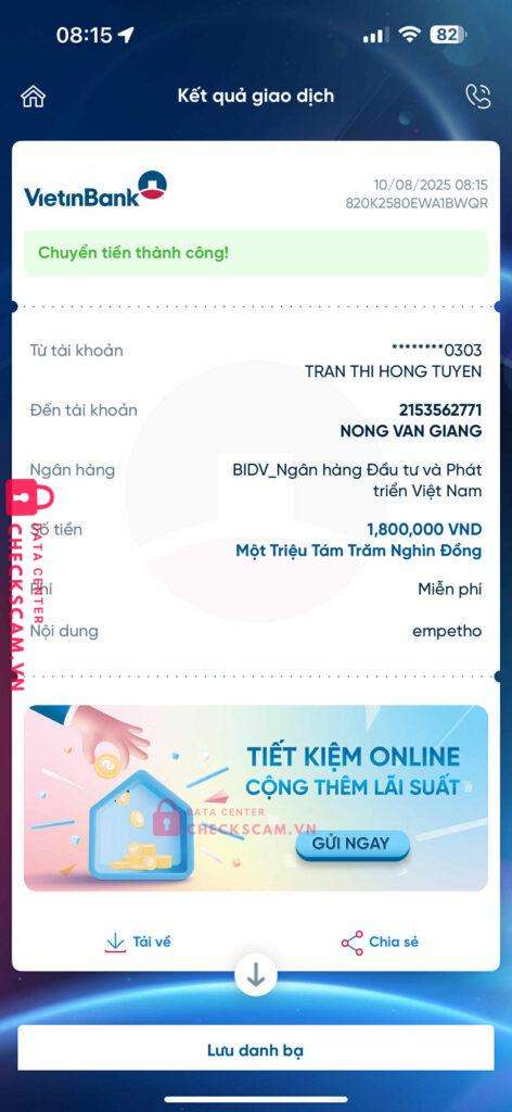 2153562771 Nong Van Giang BIDV bị cảnh báo lừa đảo scam