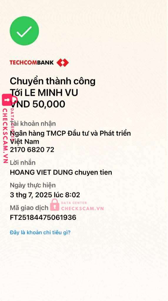 2170682072 LE MINH VU BIDV bị cảnh báo lừa đảo scam