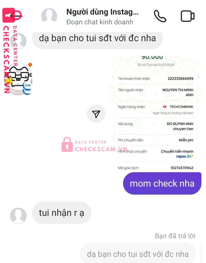 222333666999 NGUYEN THI MINH ANH Techcombank bị cảnh báo lừa đảo scam