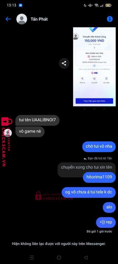 223391082009 MAI HONG HAI VAN MB bị cảnh báo lừa đảo scam