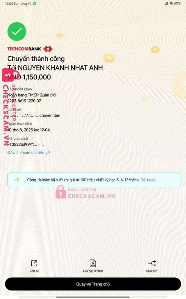 22838613122007 NGUYEN KHANH NHAT ANH MB bị cảnh báo lừa đảo scam