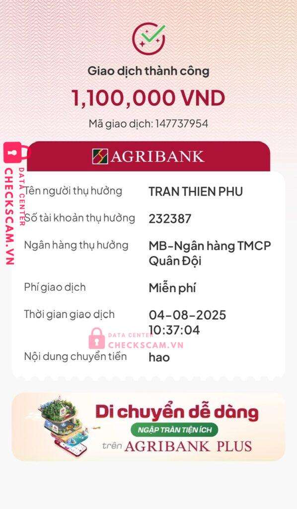 232387 TRAN THIEN PHU MB bị cảnh báo lừa đảo scam