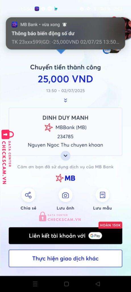 234785 DINH DUY MANH MB bị cảnh báo lừa đảo scam