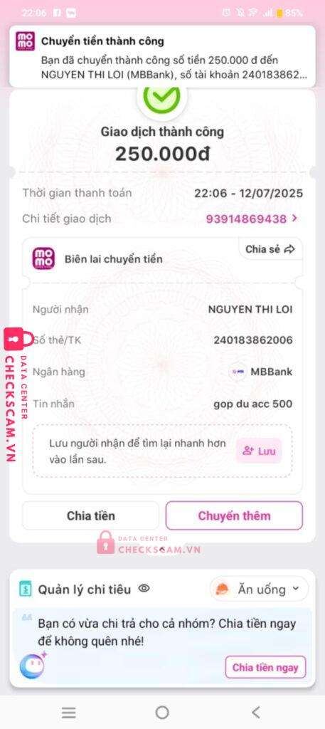 240183862006 NGUYEN THI LOI MB bị cảnh báo lừa đảo scam