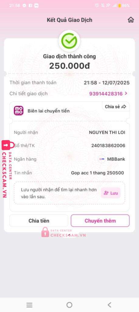 240183862006 NGUYEN THI LOI MB bị cảnh báo lừa đảo scam