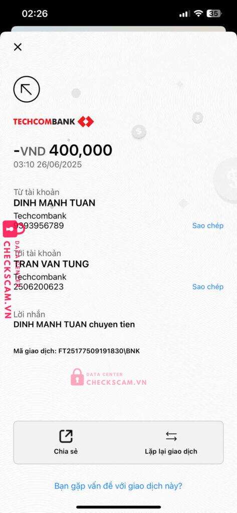 2506200623 TRAN VAN TUNG Techcombank bị cảnh báo lừa đảo scam