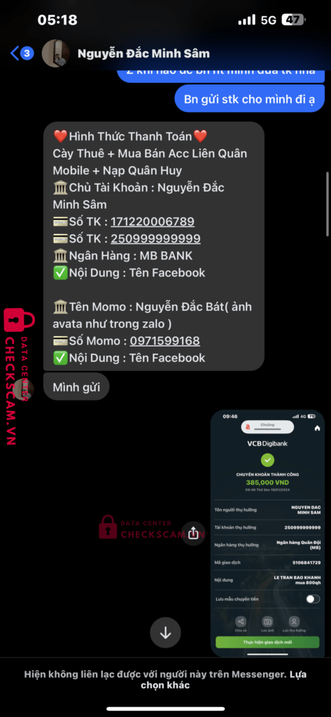 250999999999 NGUYEN DAC MINH SAM MB bị cảnh báo lừa đảo scam
