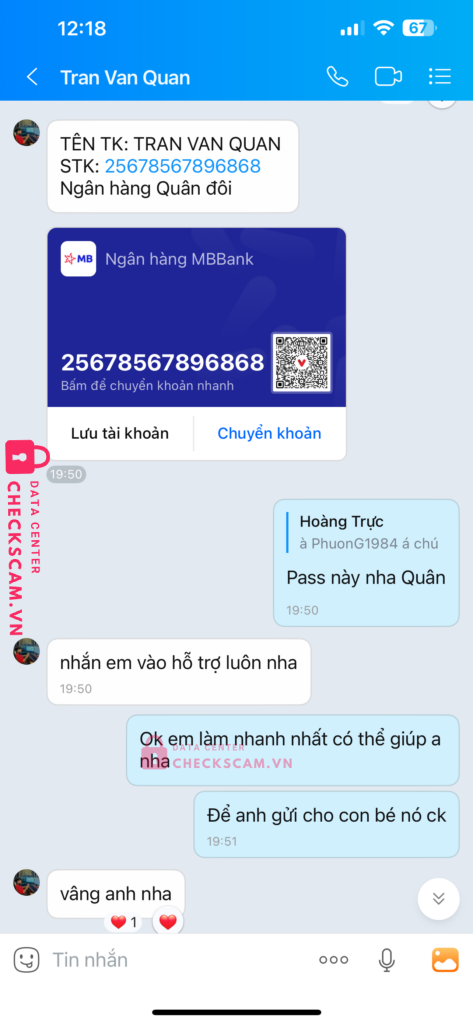 25678567896868 TRAN VAN QUAN MB bị cảnh báo lừa đảo scam