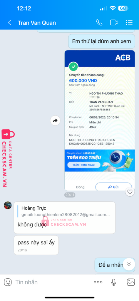 25678567896868 TRAN VAN QUAN MB bị cảnh báo lừa đảo scam