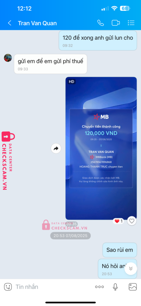 25678567896868 TRAN VAN QUAN MB bị cảnh báo lừa đảo scam