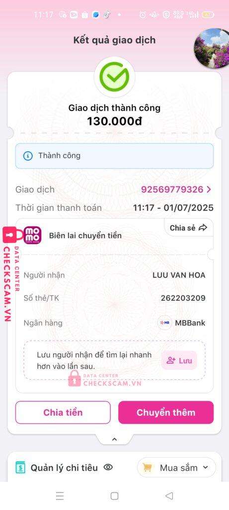 2622203209 LUU VAN HOA MB bị cảnh báo lừa đảo scam