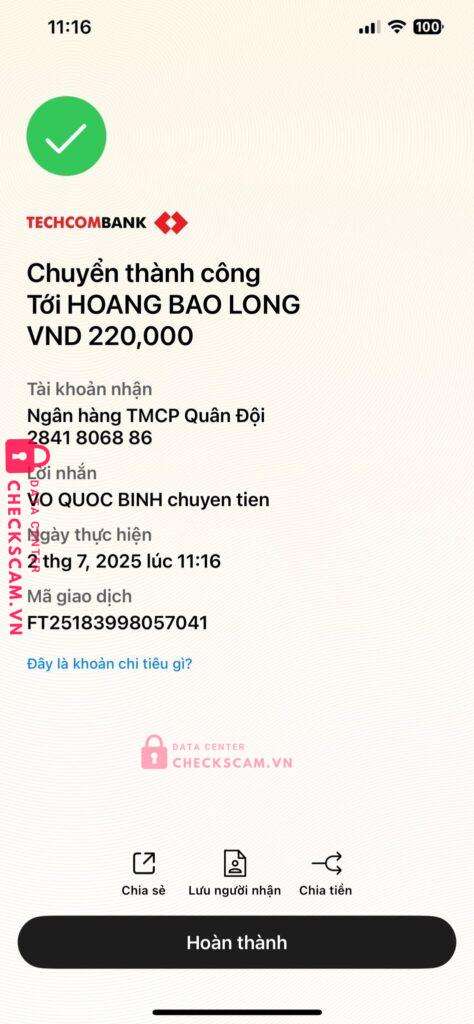 2841806886 HOANG BAO LONG MB bị cảnh báo lừa đảo scam