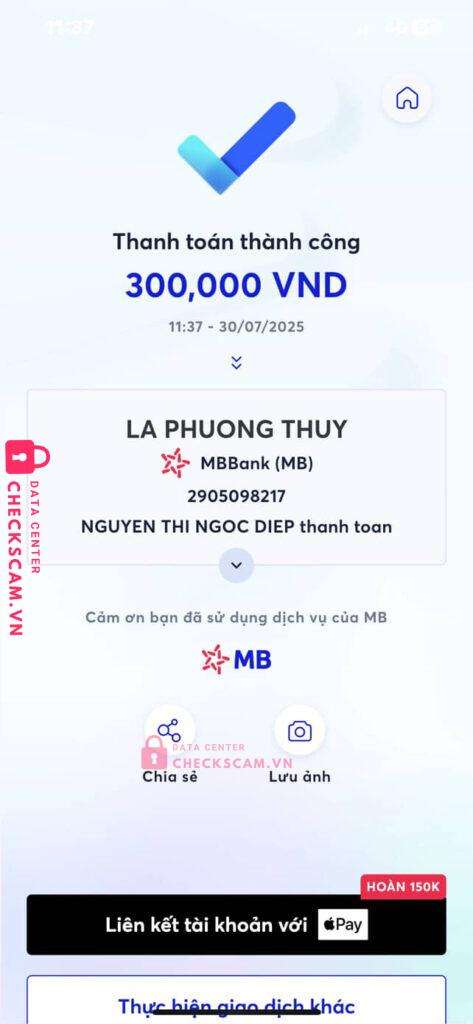 2905098217 LA PHUONG THUY MB Bank bị cảnh báo lừa đảo scam