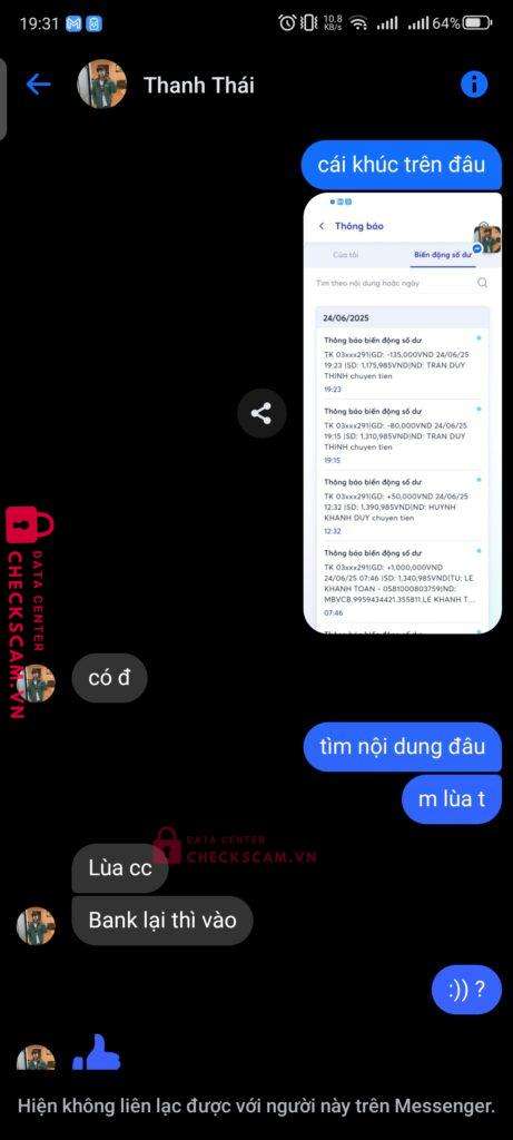 29111111110 TRAN THANH THAI MB bị cảnh báo lừa đảo scam