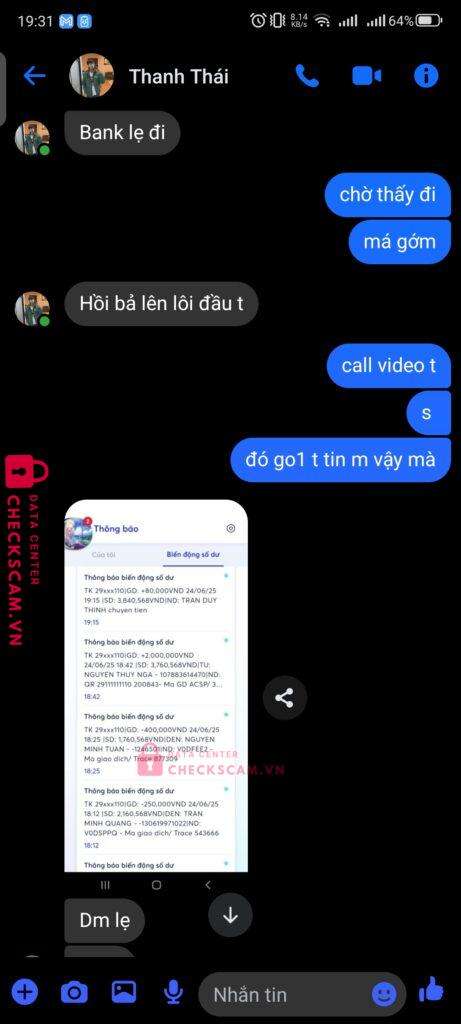 29111111110 TRAN THANH THAI MB bị cảnh báo lừa đảo scam