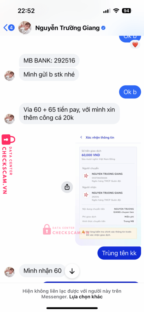 292516 NGUYEN TRUONG GIANG MB bị cảnh báo lừa đảo scam