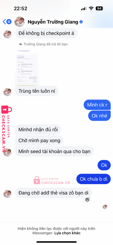 292516 NGUYEN TRUONG GIANG MB bị cảnh báo lừa đảo scam