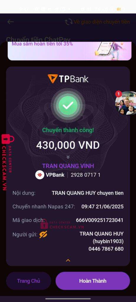 292807171 TRAN QUANG VINH VP Bank bị cảnh báo lừa đảo scam