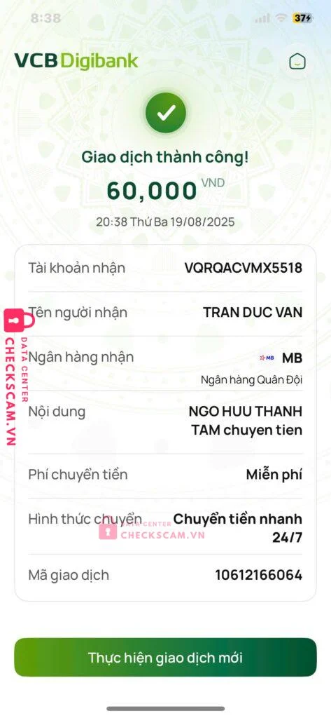 293011111 TRAN DUC VAN MB bị cảnh báo lừa đảo scam