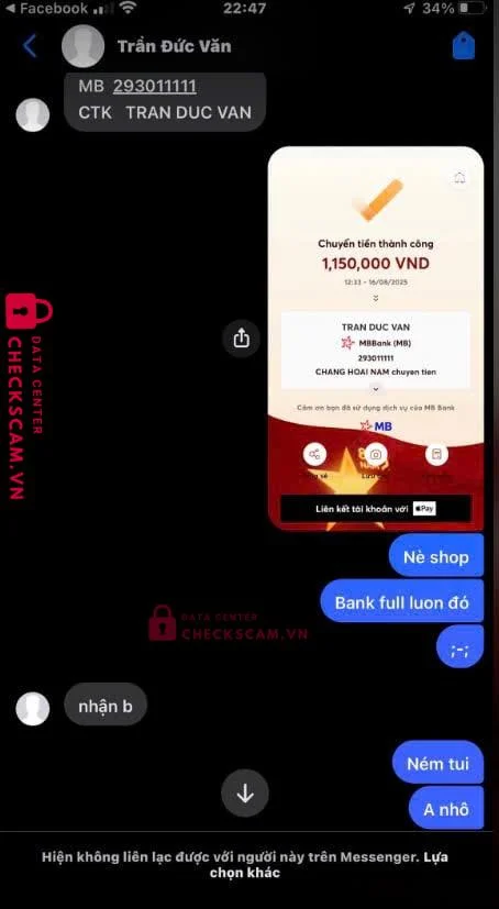 293011111 TRAN DUC VAN MB bị cảnh báo lừa đảo scam