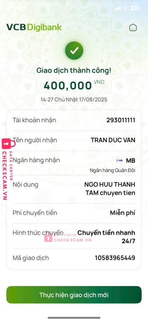 293011111 TRAN DUC VAN MB bị cảnh báo lừa đảo scam