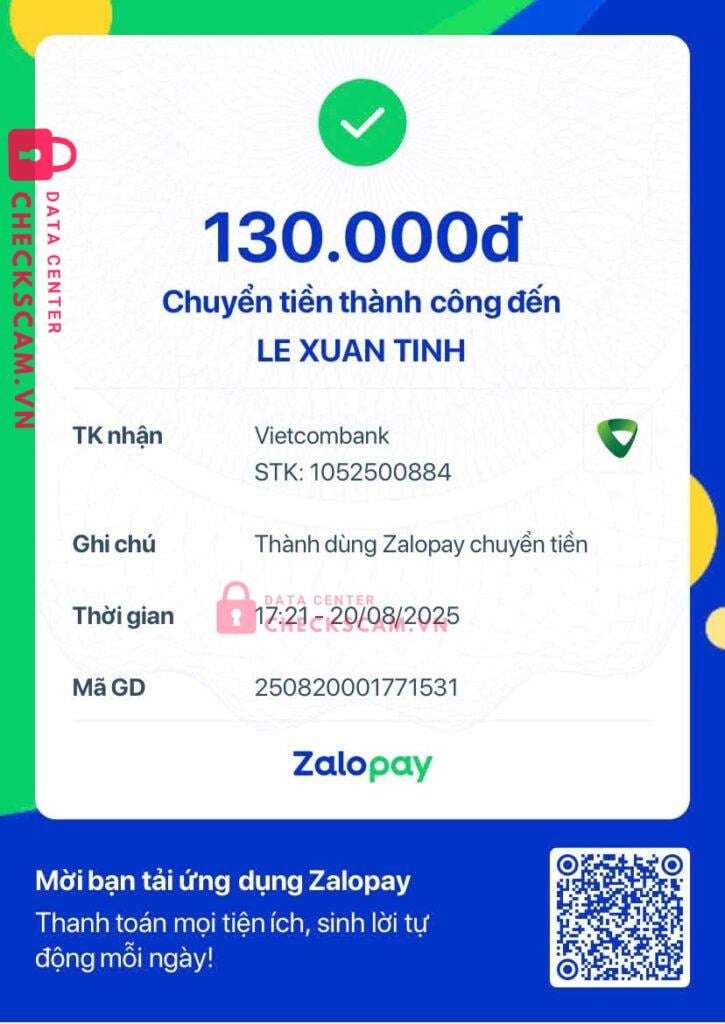 1052500884 Le Xuan Tinh VCB bị cảnh báo lừa đảo scam