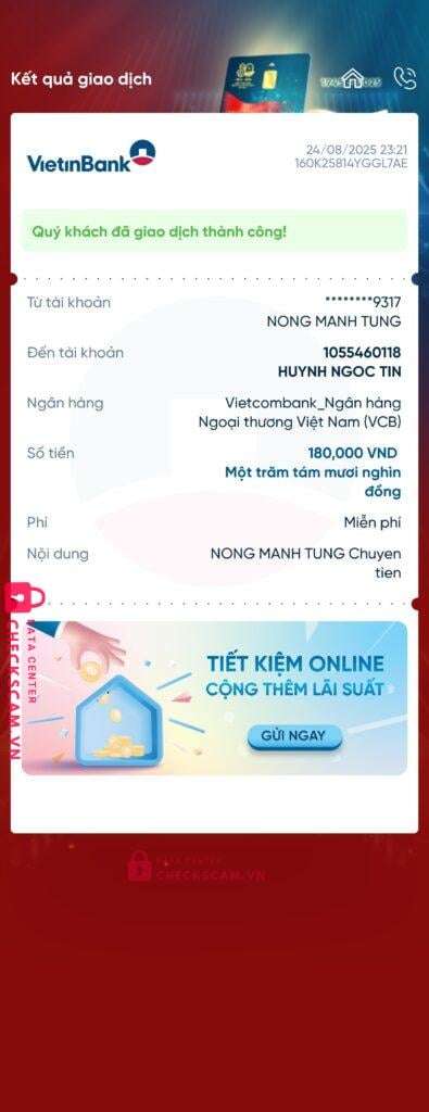1055460118 Huynh Ngoc Tin VCB bị cảnh báo lừa đảo scam